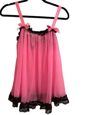 VS Sexy Little Things Sheer Pink Babydoll Top Bow Accents and Black Lace Trim